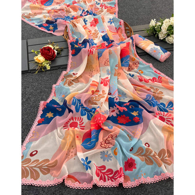 Light Blue Digital Printed Georgette Saree