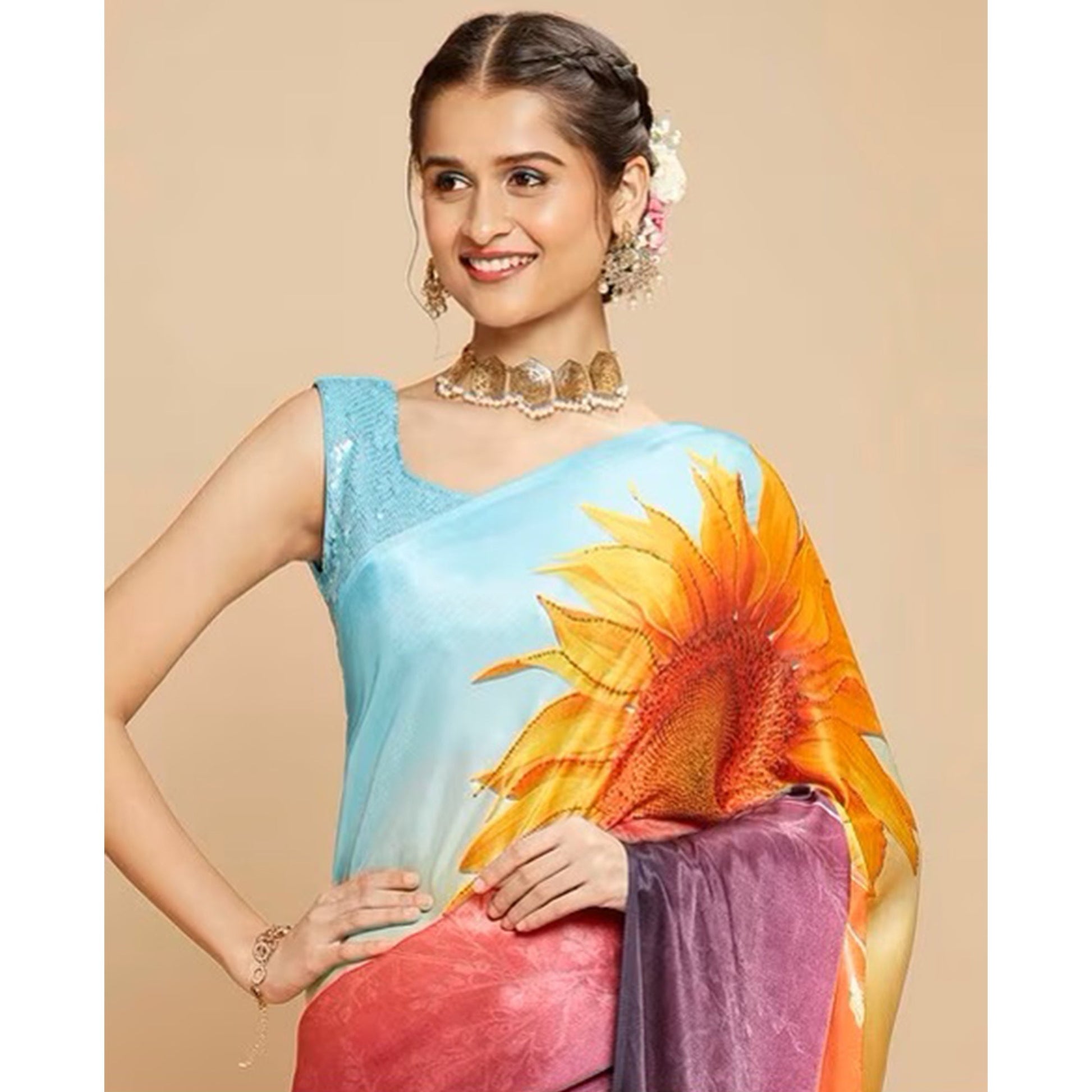 Multicolor Digital Printed Chinon Silk Saree