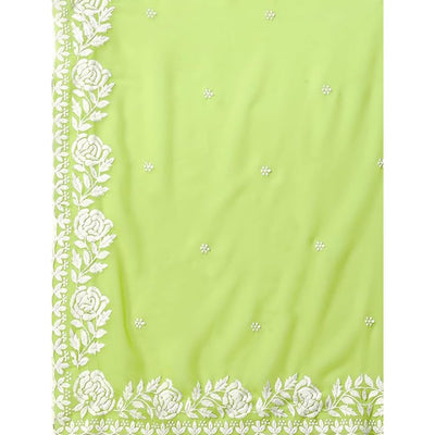 Lime Green Floral Embroidered Georgette Saree