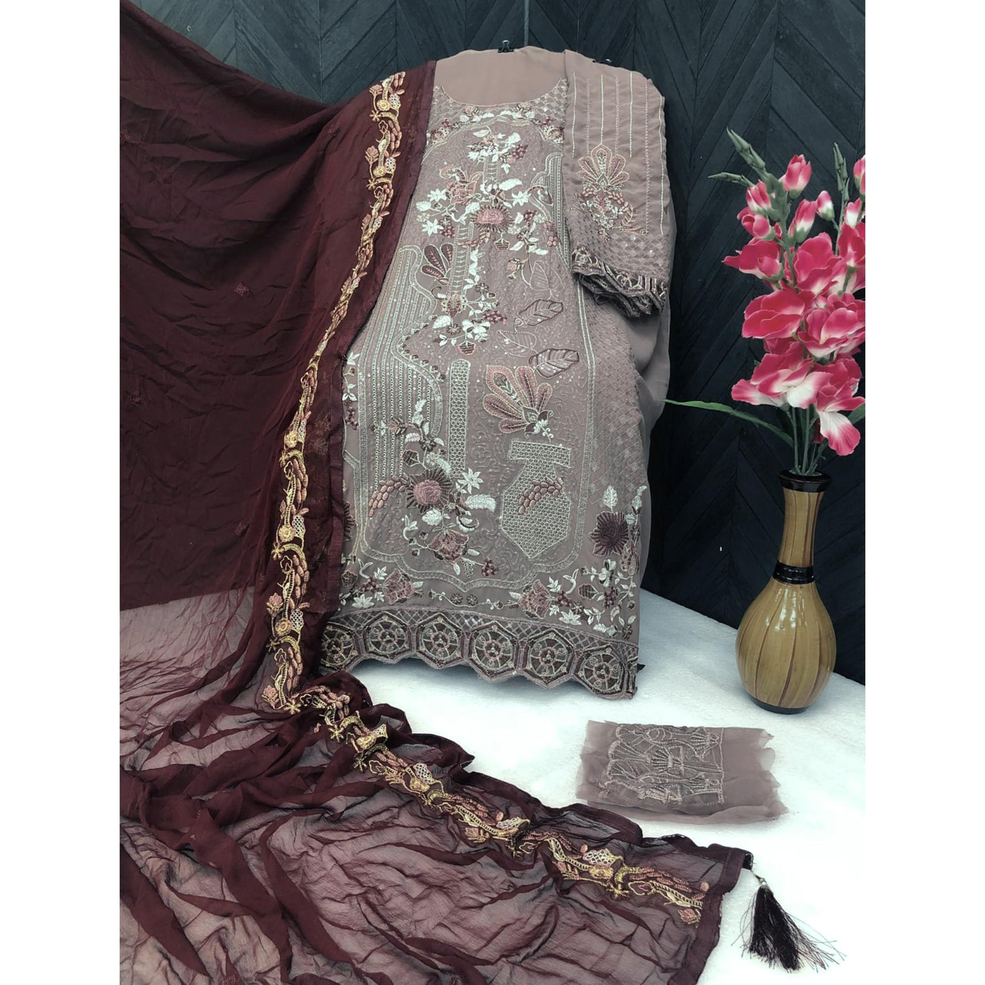Brown Floral Embroidered Georgette Semi Stitched Pakistani Suit
