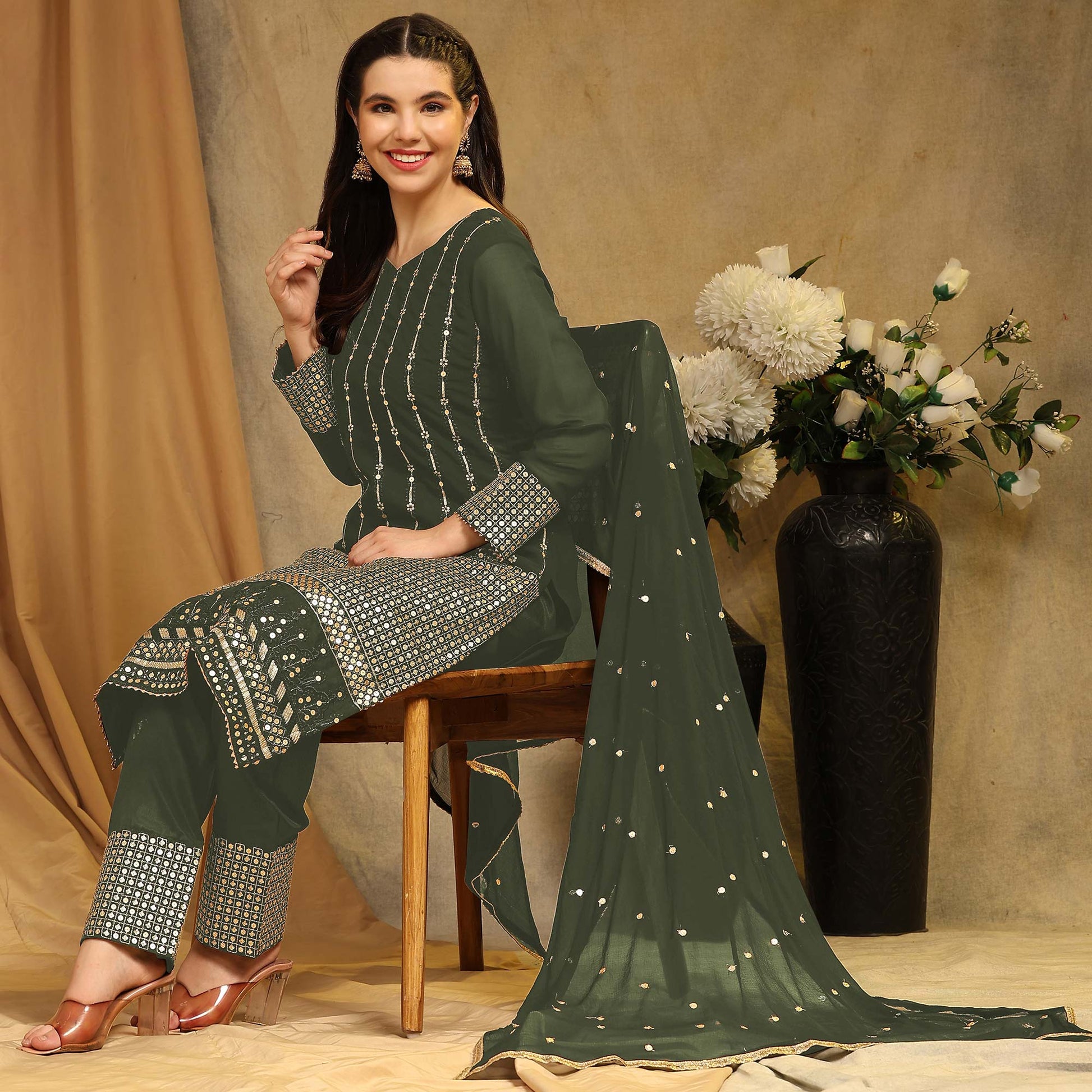 Mehendi Green Sequins Embroidered Georgette Semi Stitched Salwar Suit