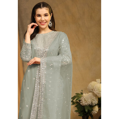Dusty Green Sequins Embroidered Georgette Semi Stitched Salwar Suit