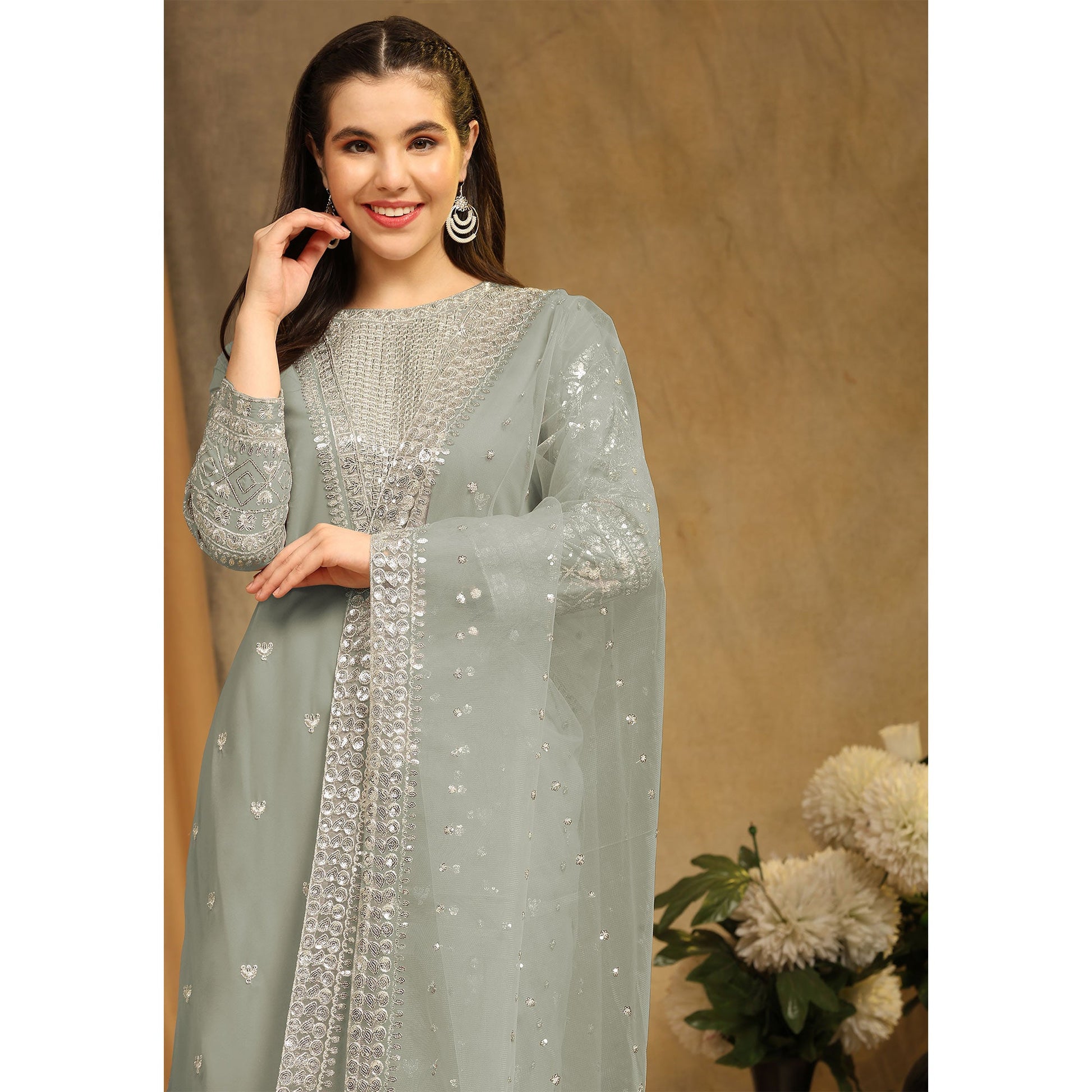 Dusty Green Sequins Embroidered Georgette Semi Stitched Salwar Suit