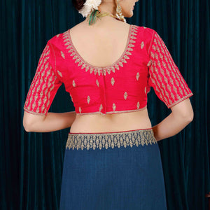 Blue Solid With Zari Embroidered Vichitra Silk Saree