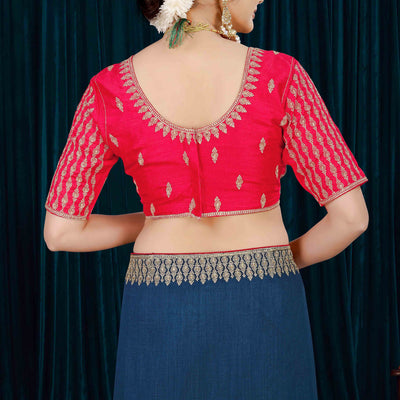 Blue Solid With Zari Embroidered Vichitra Silk Saree