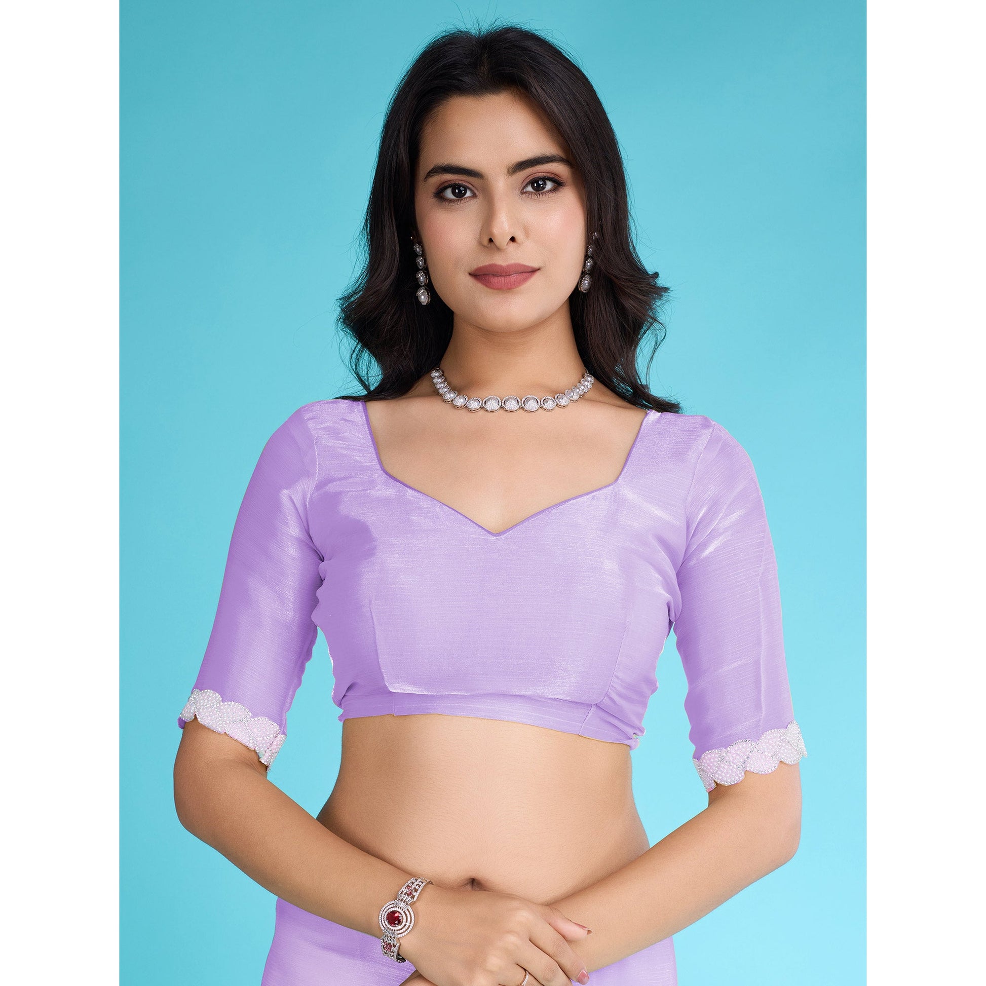 Lavender Solid With Zarkan & Ceramic Pearl Diamond Lace Tissue Saree