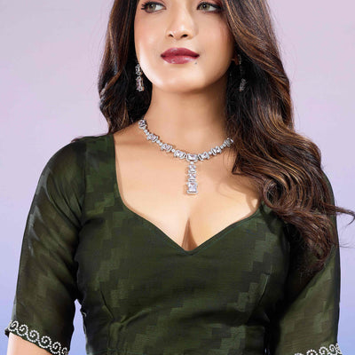 Bottle Green Diamond Zarkan Handwork Satin Chiffon Saree