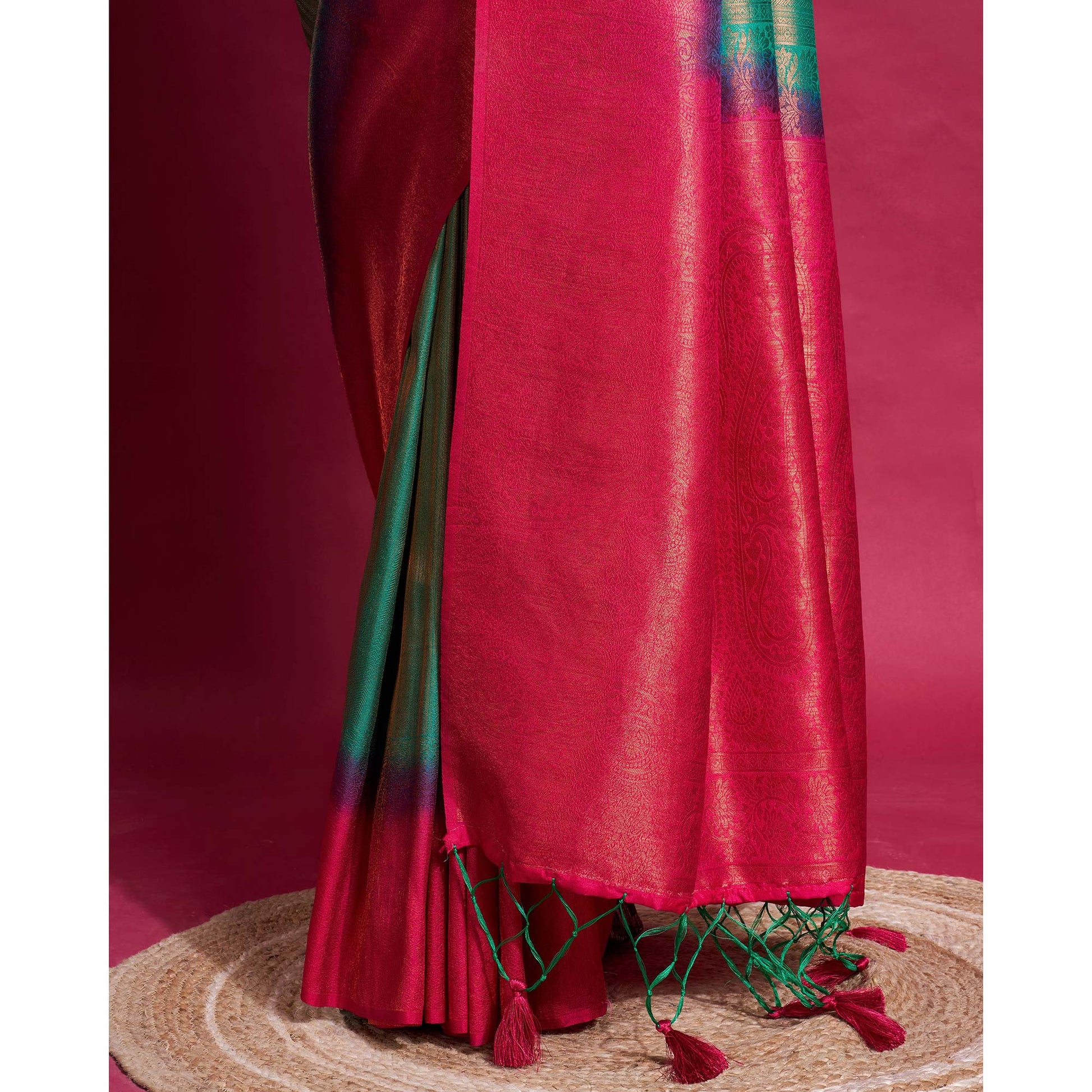 green-pink-woven-kanjivaram-silk-saree-with-tassels