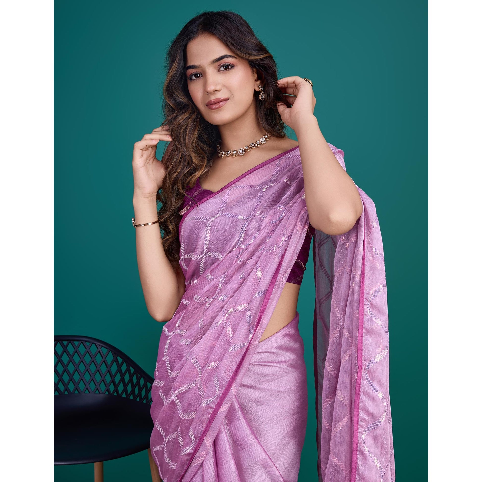 Lavender Sequins Embroidered Georgette Saree
