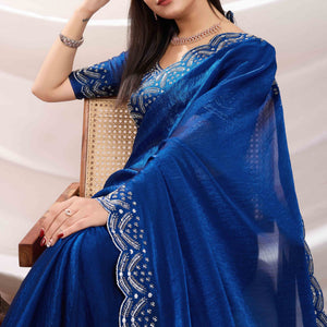Blue Stone Work Embroidered Velvet Chiffon Saree
