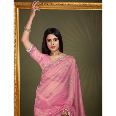 Light Pink Sequins Embroidery With Mirror Handwork Twill Net Saree