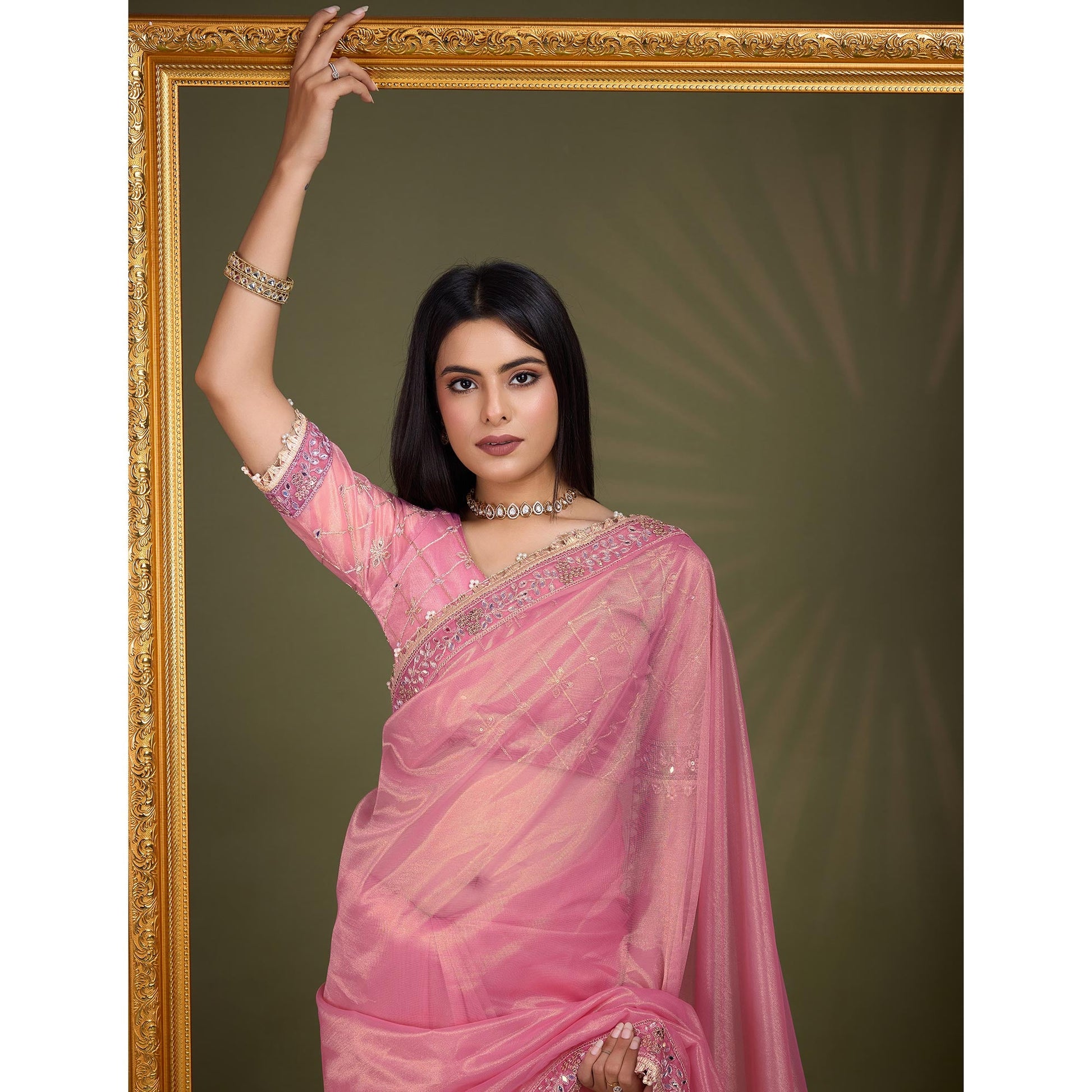 Light Pink Sequins Embroidery With Mirror Handwork Twill Net Saree