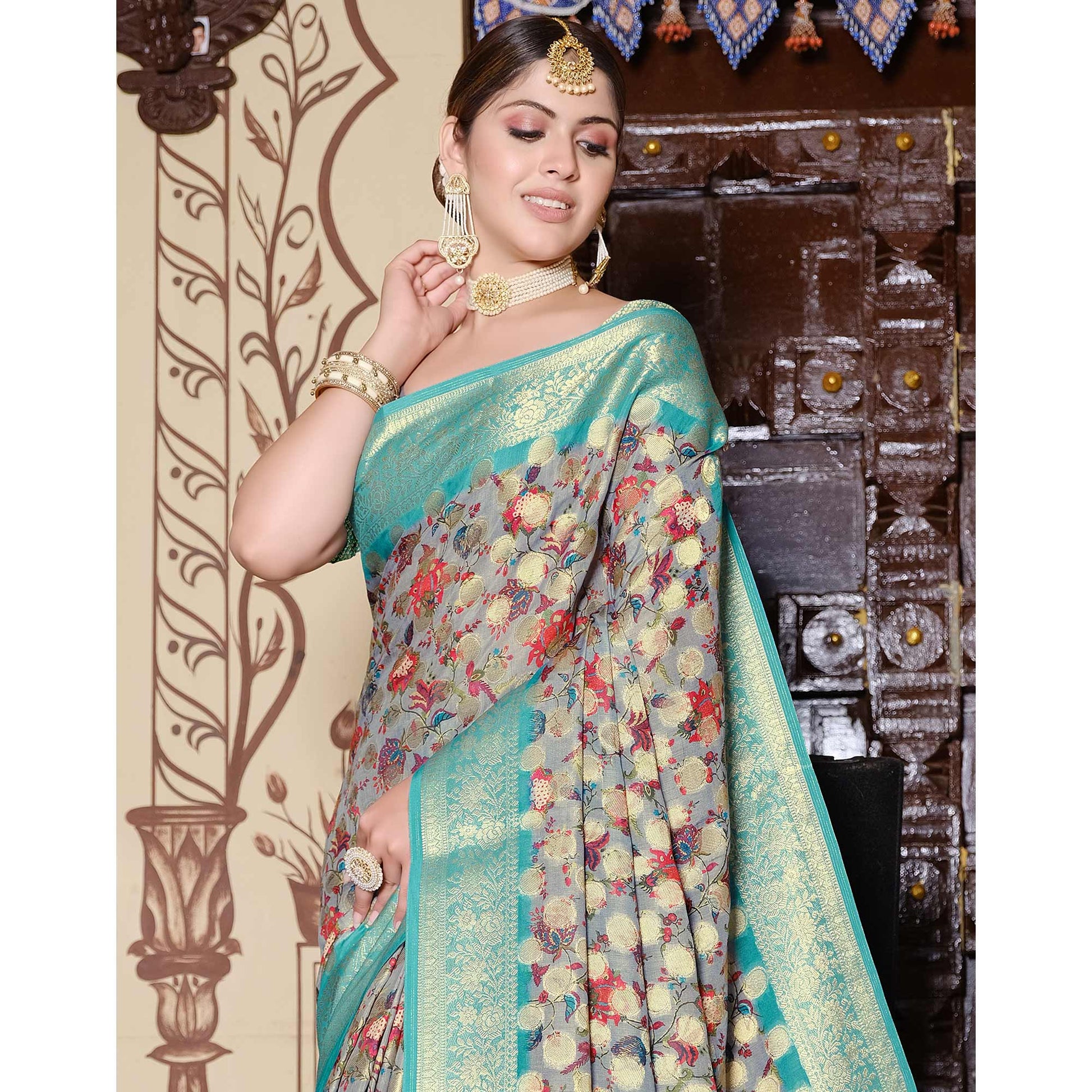 grey-turquoise-floral-printed-pure-cotton-saree