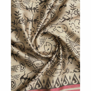 Chikoo & Maroon Printed Bhagalpuri Silk Saree With Tassels
