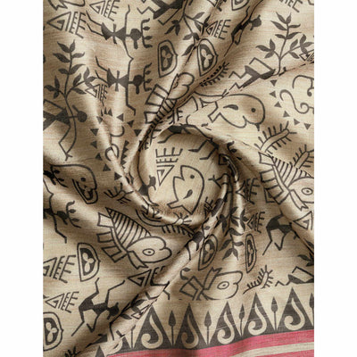 Chikoo & Maroon Printed Bhagalpuri Silk Saree With Tassels