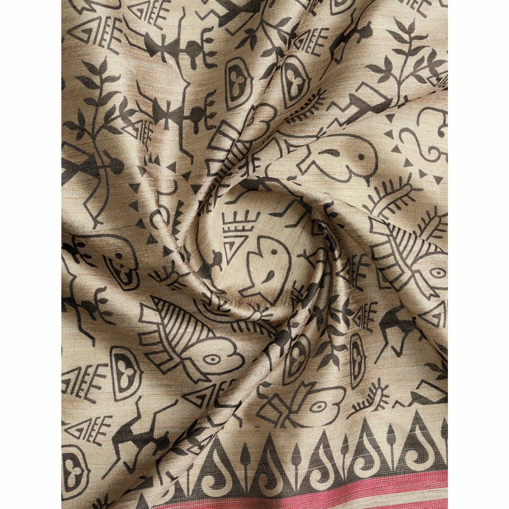 Chikoo & Maroon Printed Bhagalpuri Silk Saree With Tassels