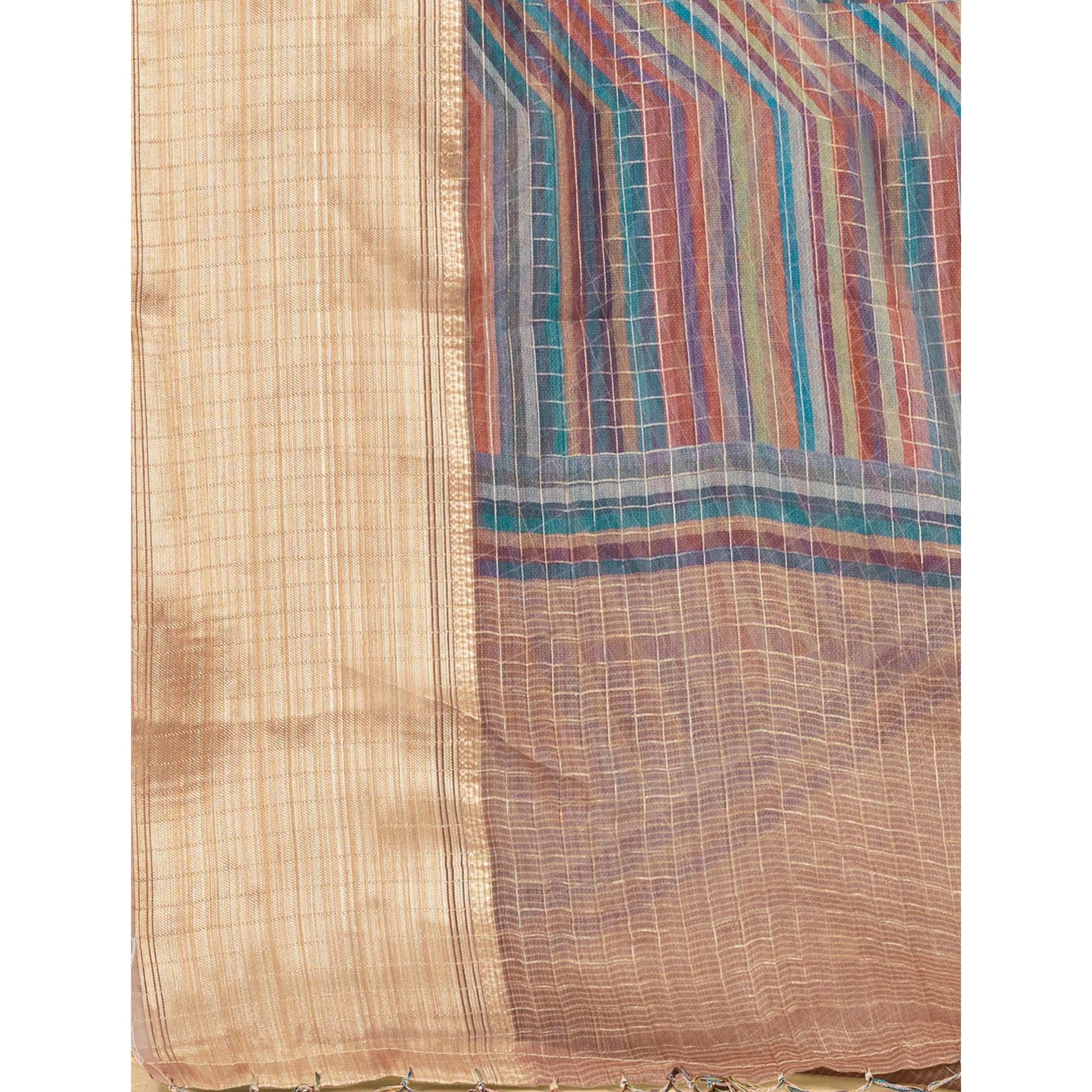 Multicolor Checks Woven Bhagalpuri Silk Saree With Tassels