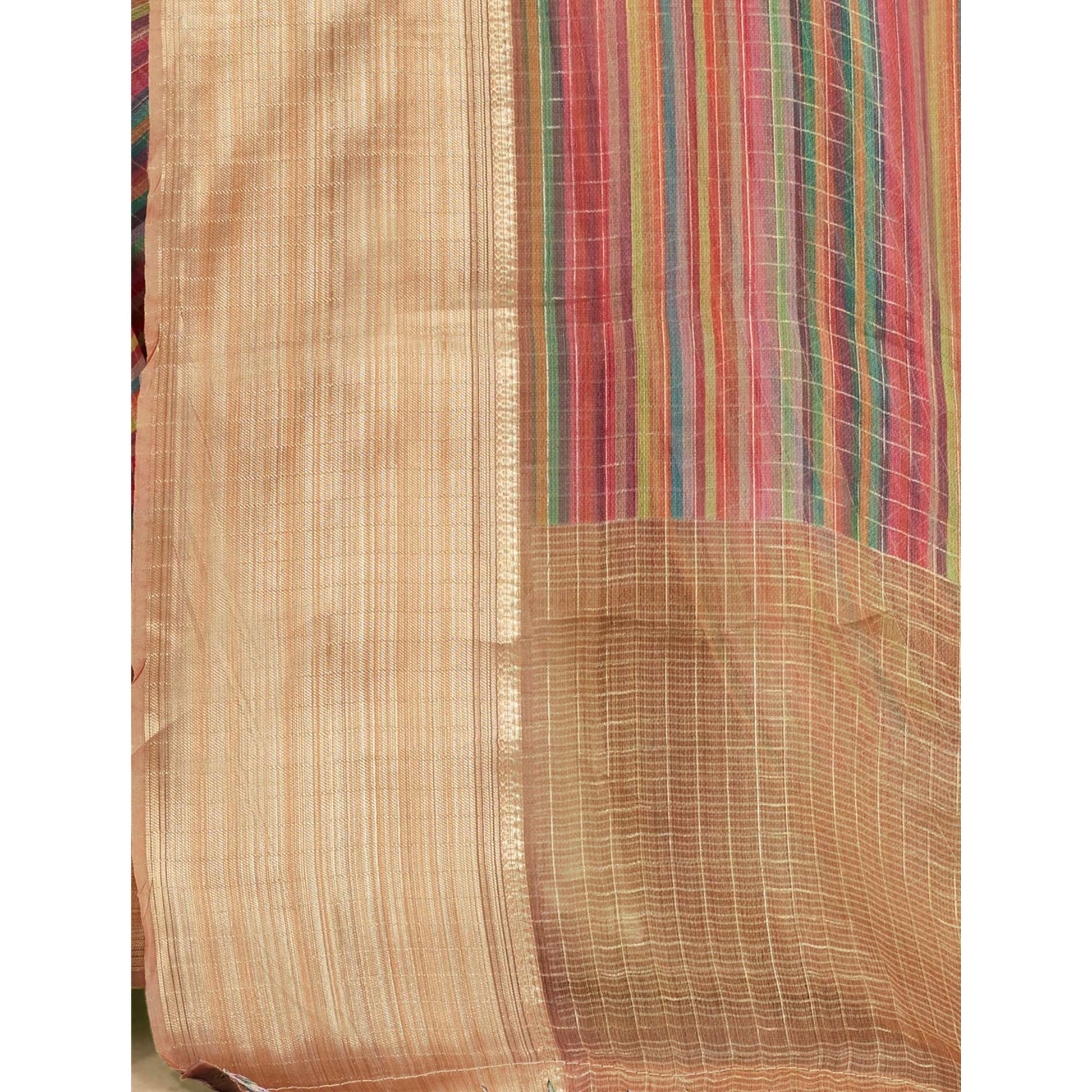 Multicolor Checks Woven Bhagalpuri Silk Saree With Tassels