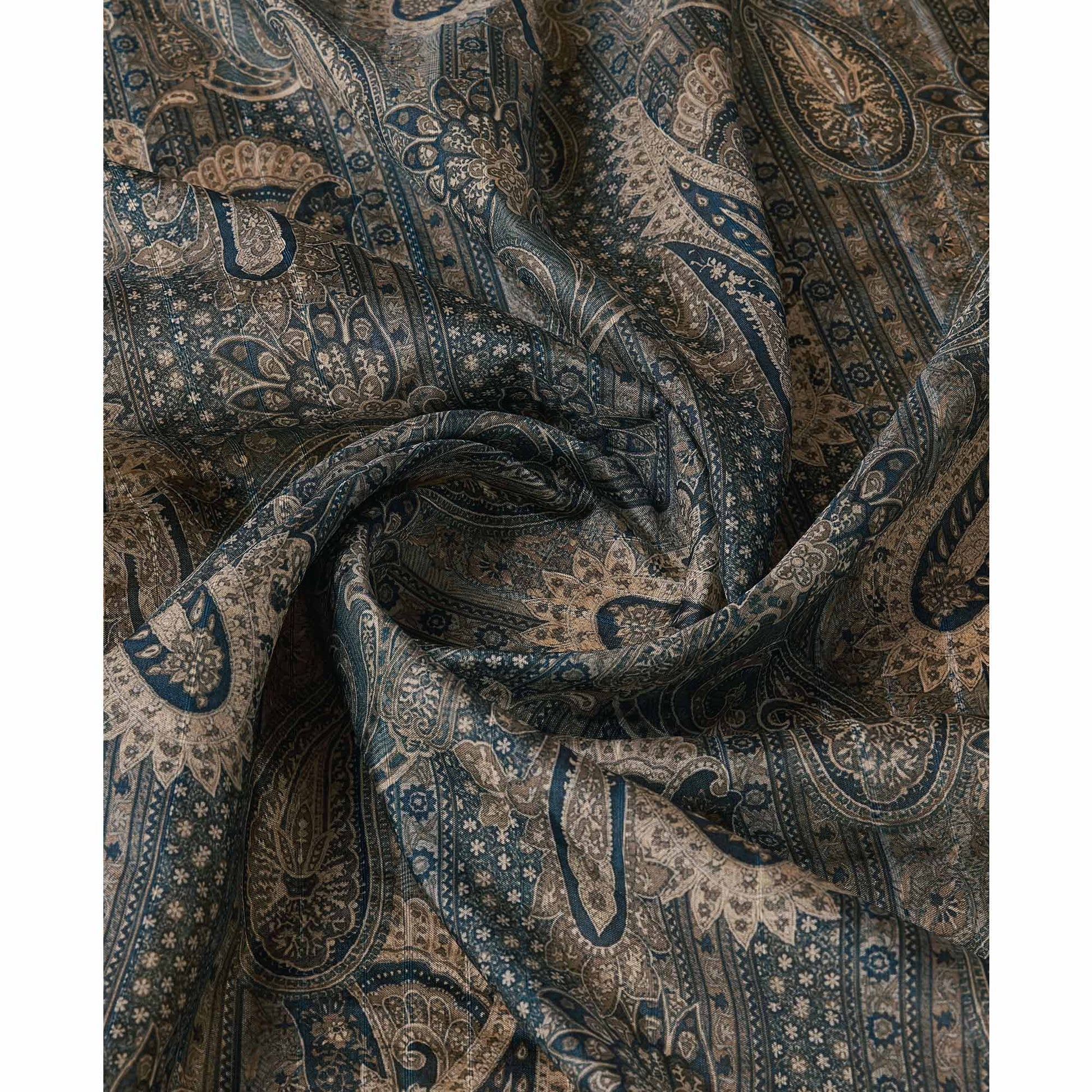 Bluish Grey Digital Printed Cotton Silk Saree