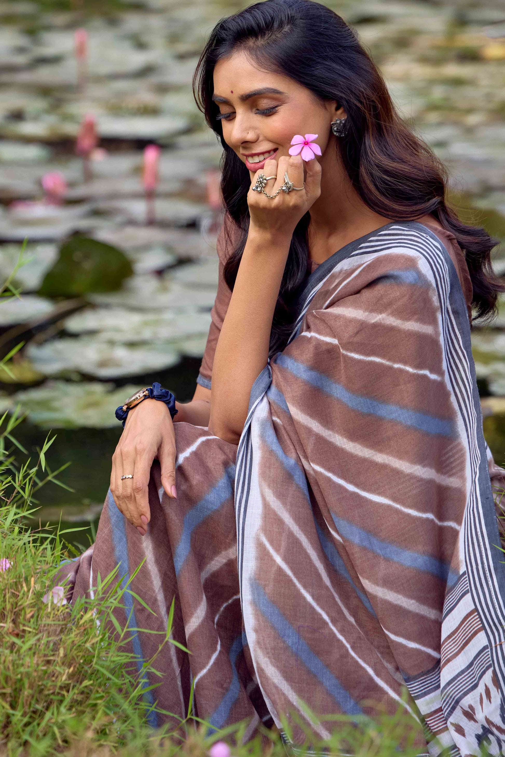 Brown Leheriya Printed Linen Saree