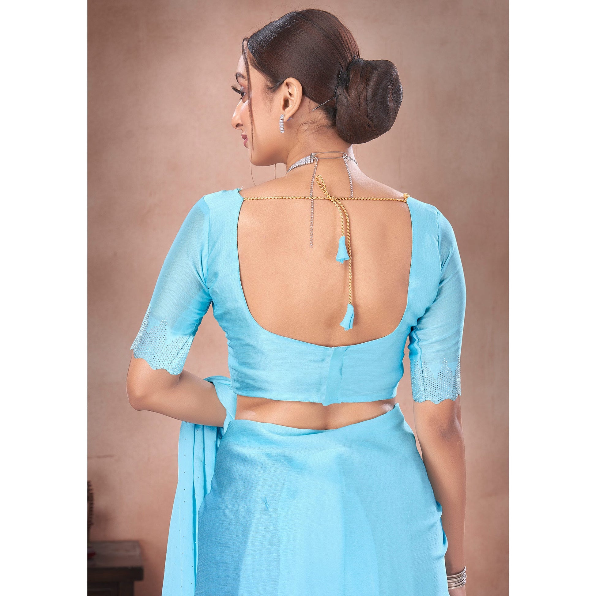 Blue Swarovski Work Satin Saree