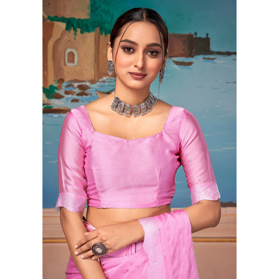 Light Pink Swarovski Work Satin Saree
