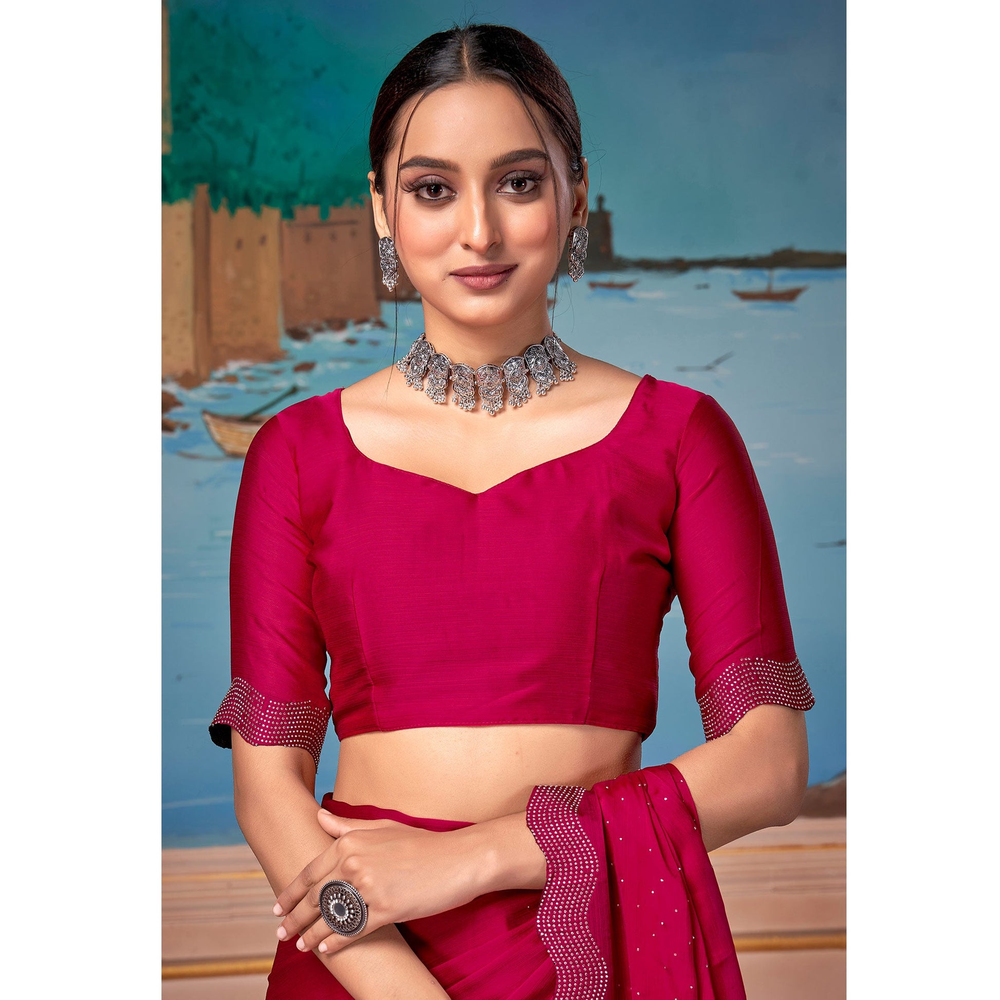 Cherry Pink Swarovski Work Satin Saree