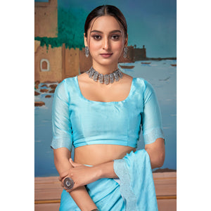 Light Blue Swarovski Work Satin Saree