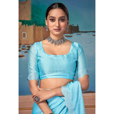 Light Blue Swarovski Work Satin Saree