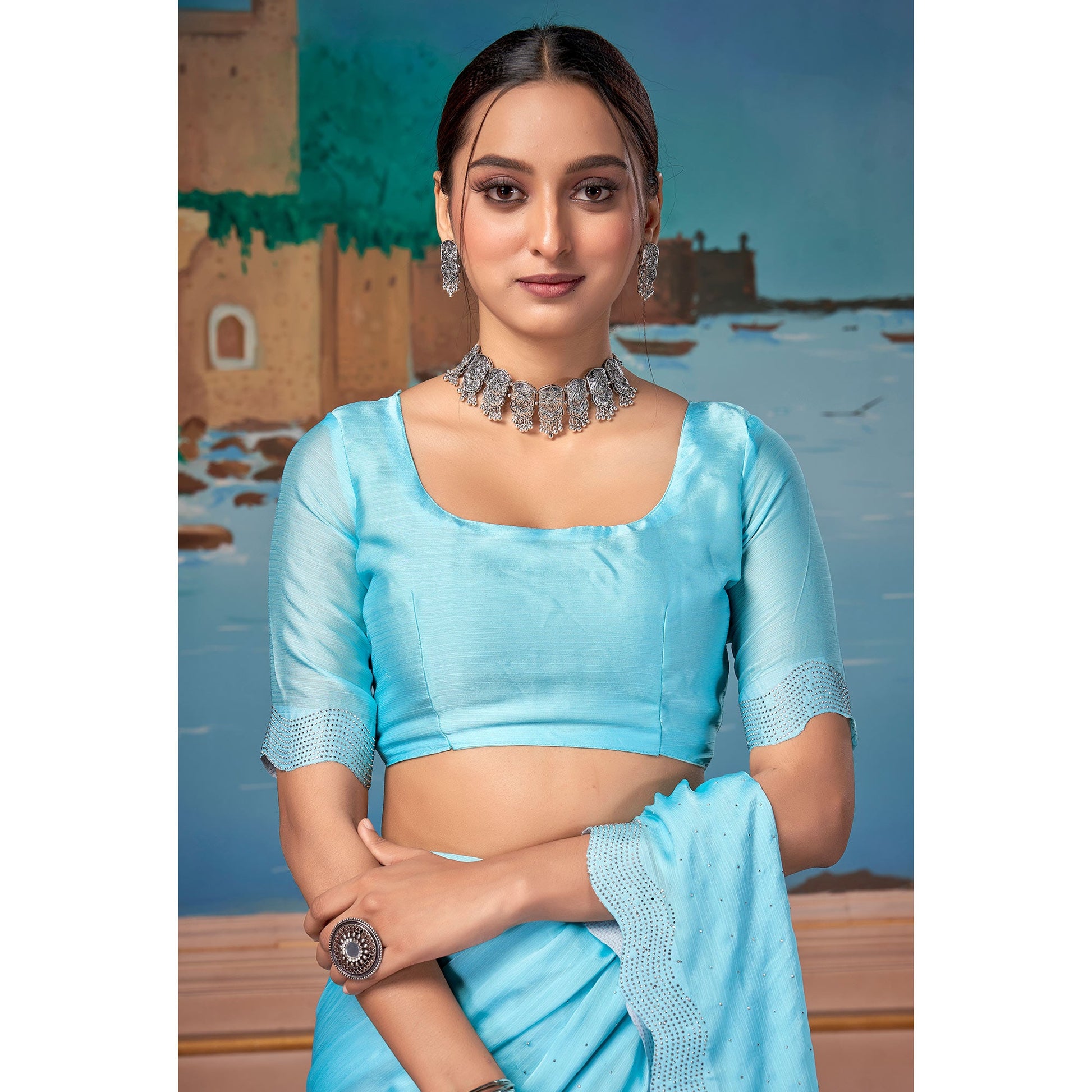 Light Blue Swarovski Work Satin Saree