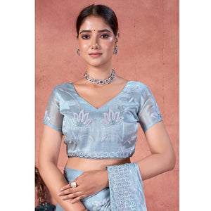 Greyish Blue Floral Sequins Embroidered chiffon Saree