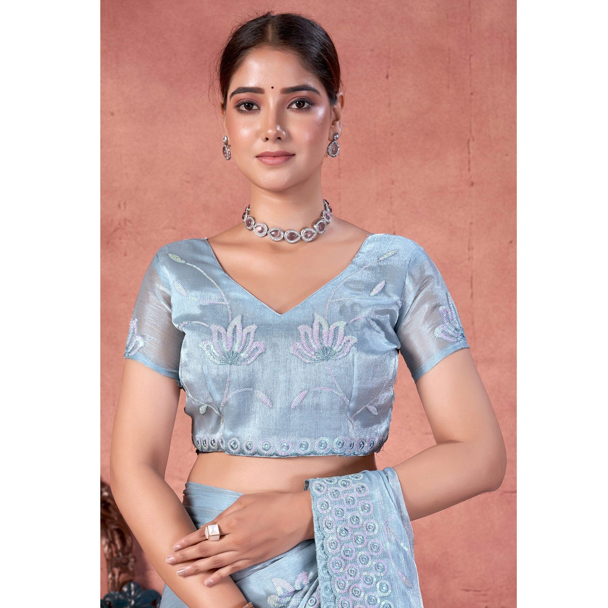 Greyish Blue Floral Sequins Embroidered chiffon Saree