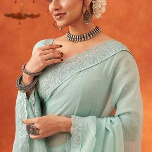 Mint Green Embroidered Crunchy Soft Net Saree With Embellished Border