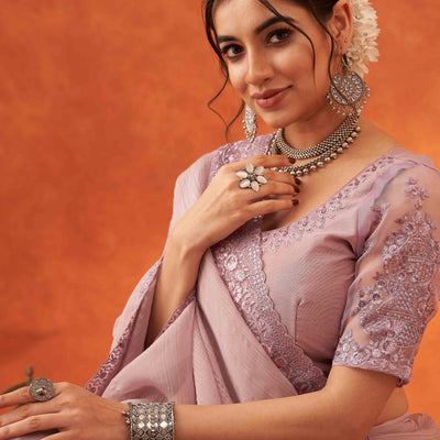 Lavender Embroidered Crunchy Soft Net Saree With Embellished Border