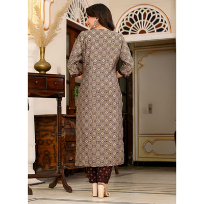 Brown Printed Chanderi Suit