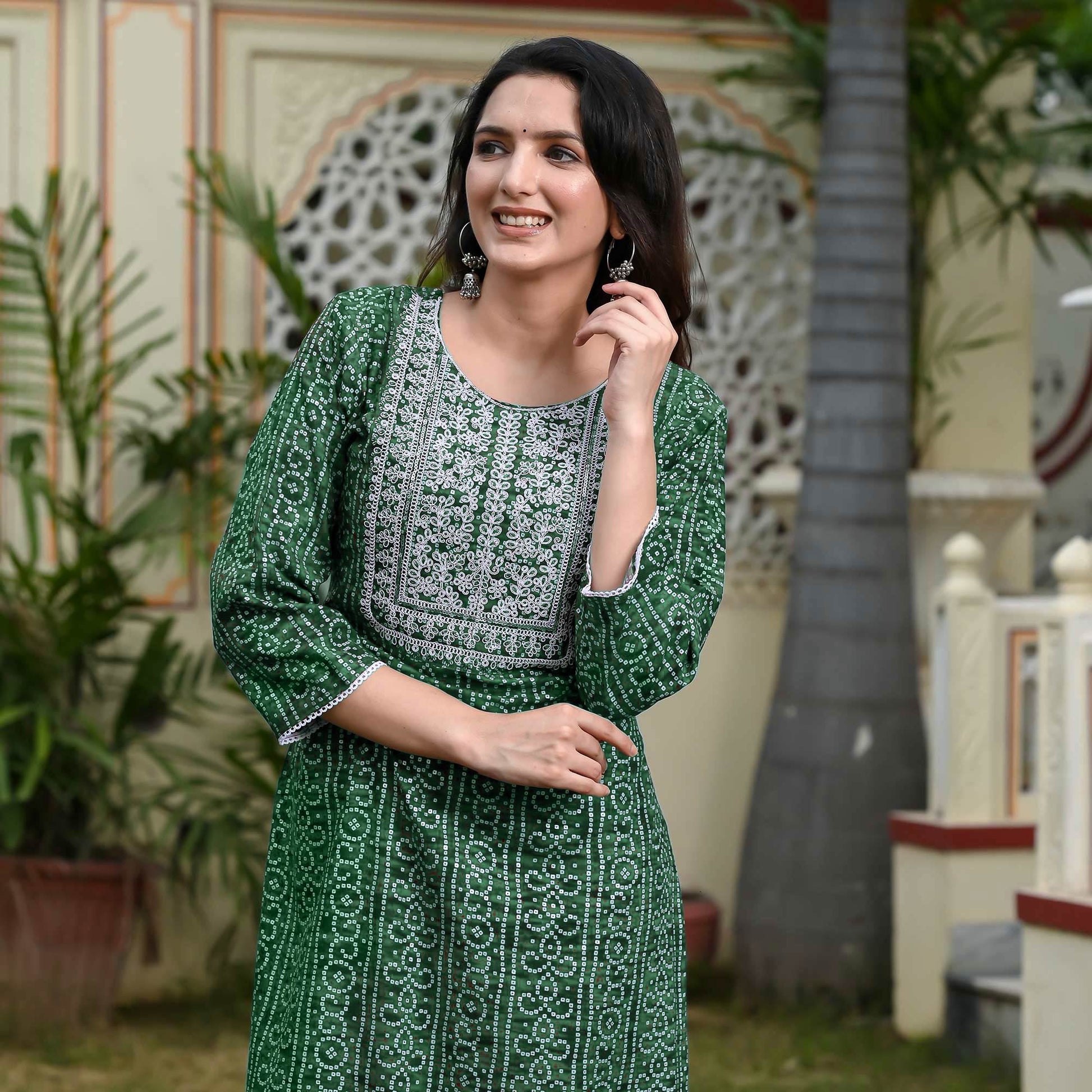 green-foil-bandhani-printed-with-embroidered-rayon-kurti