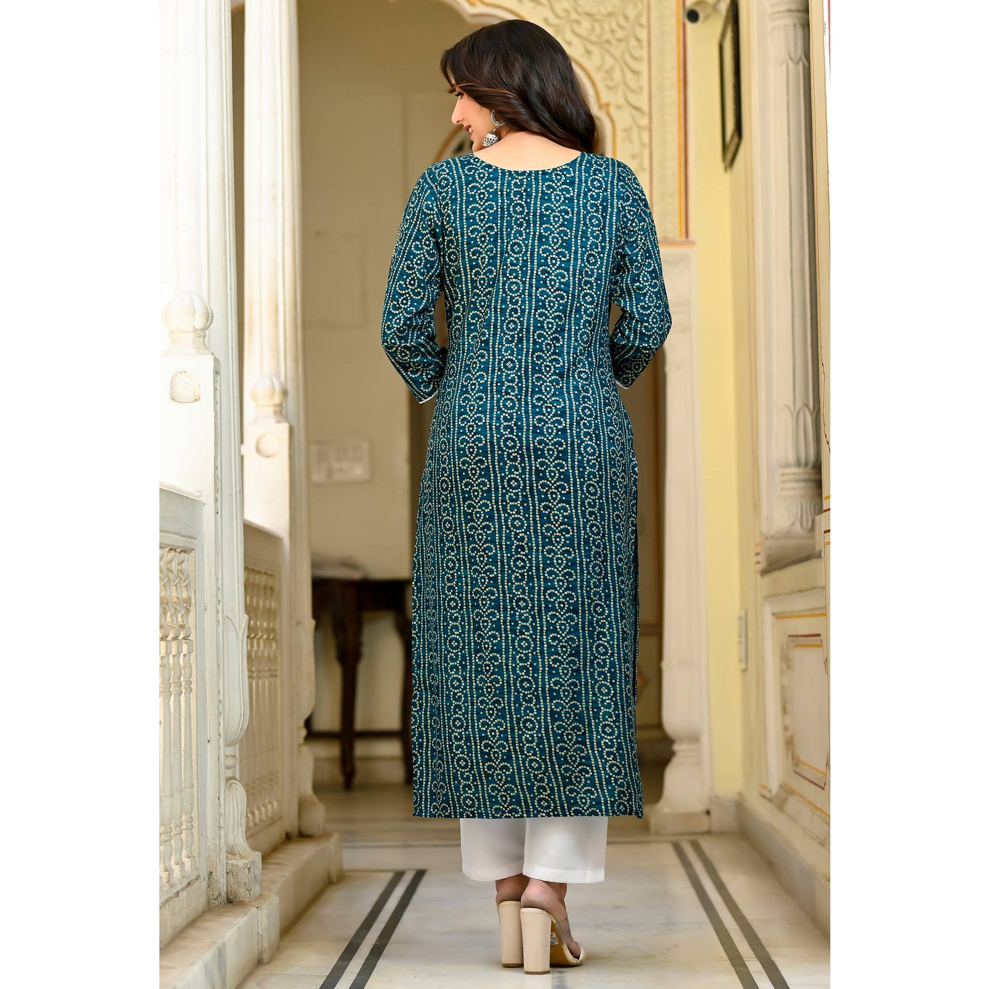 Morpich Foil Bandhani Printed With Embroidered Rayon Kurti