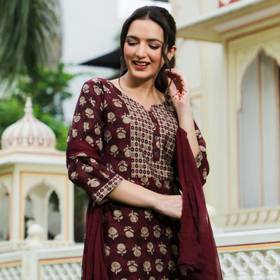 Maroon Floral Foil Printed Modal Suit