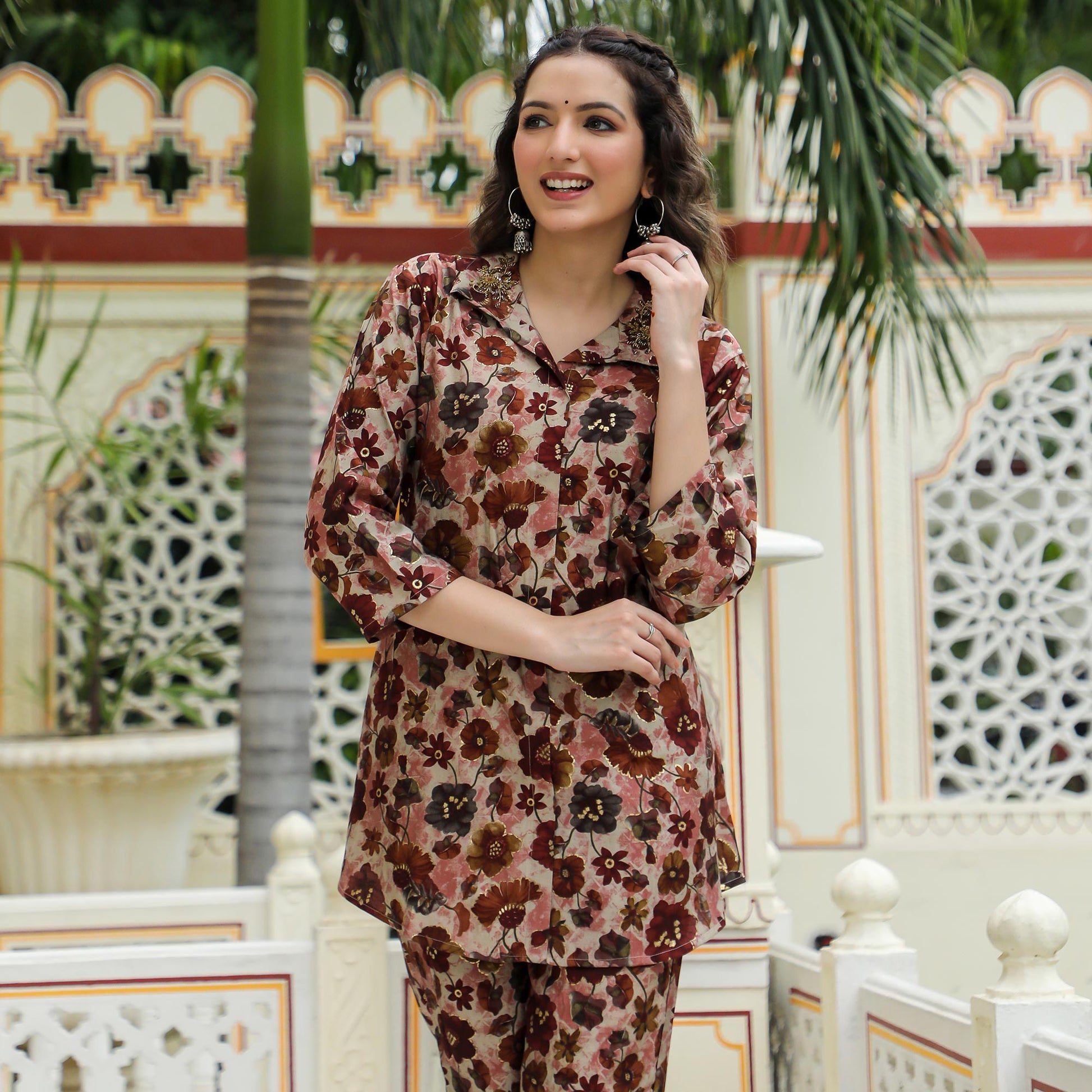 Maroon Floral Foil Printed Chanderi Co Ord Set