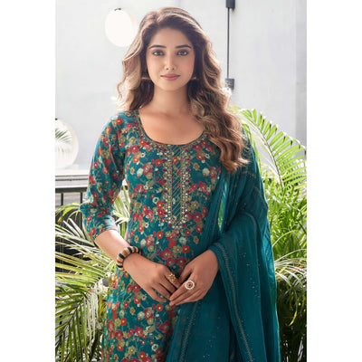 Blue Straight Chanderi Silk Suit With Handcrafted & Foil Print