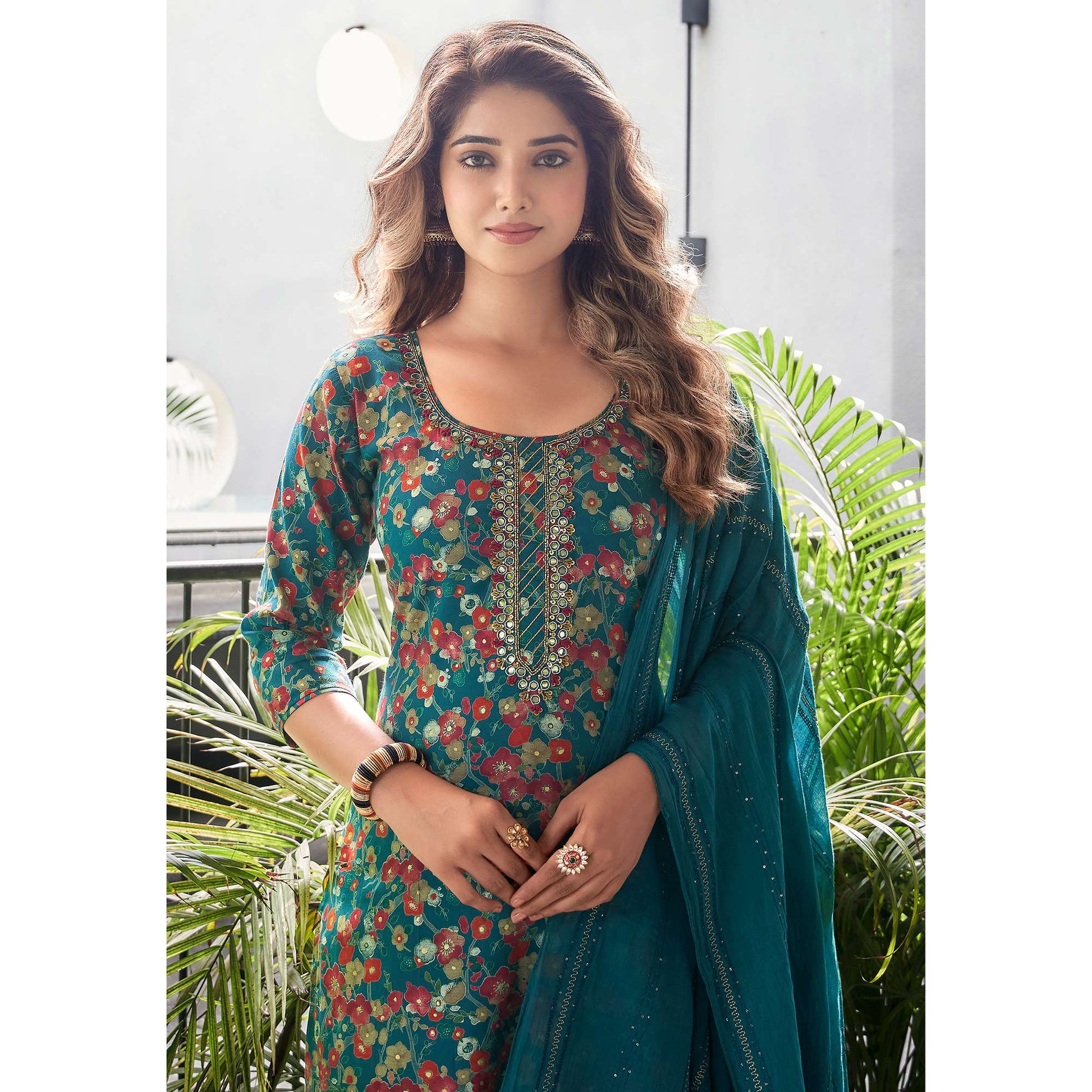 Blue Straight Chanderi Silk Suit With Handcrafted & Foil Print