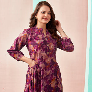Maroon A-Line Printed Chanderi Silk Dress