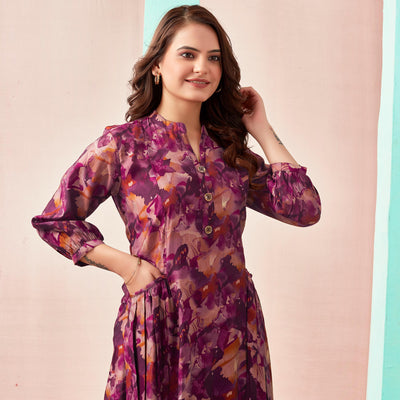Maroon A-Line Printed Chanderi Silk Dress