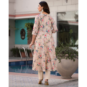 Cream Floral Printed Mulmul Cotton Anarkali Salwar Suit