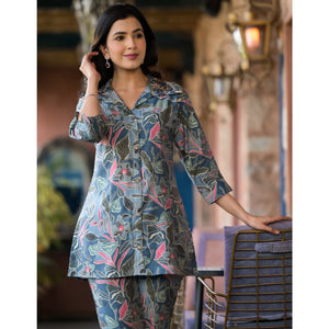 Denim Blue Floral Printed Chanderi Silk Co-Ord Sets With Handcrafted