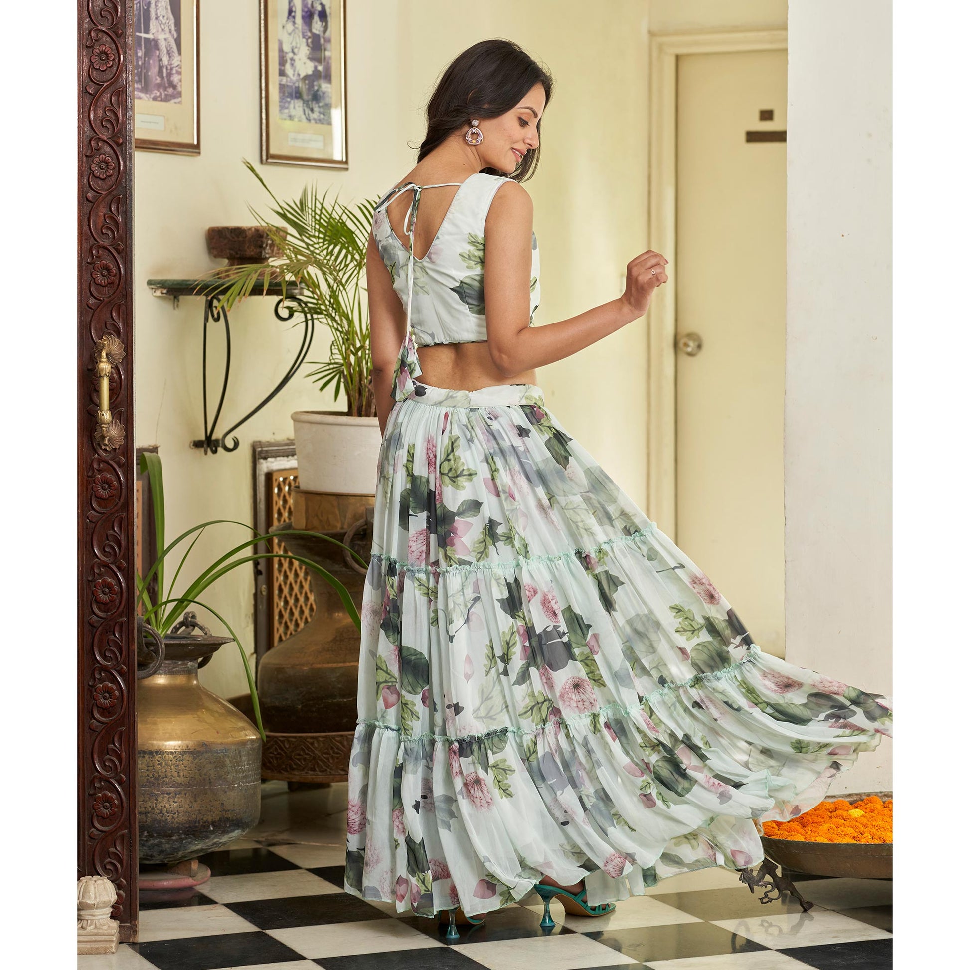 green-white-floral-printed-georgette-crop-top-lehenga