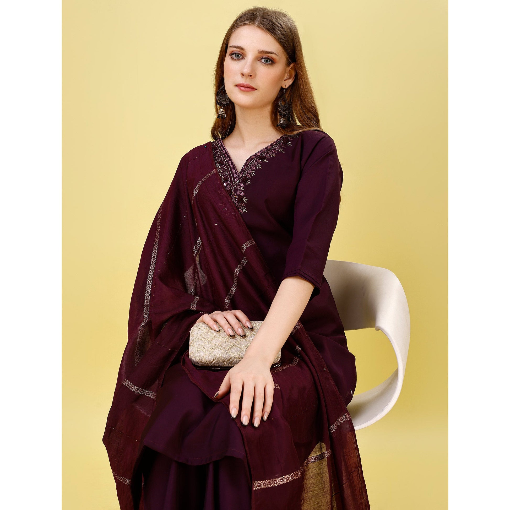 Dark Wine Mirror Embroidered Viscose Salwar Suit
