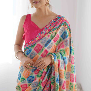 Multicolor Bandhani Printed Chinon Saree