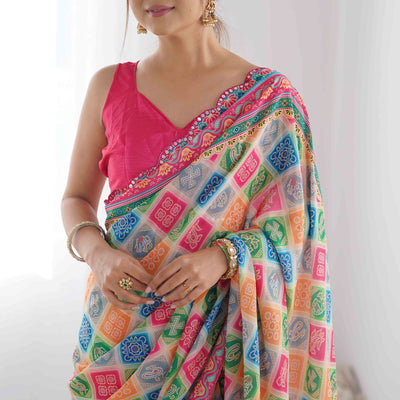 Multicolor Bandhani Printed Chinon Saree