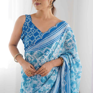 Blue Tie Dye Printed Chinon Saree